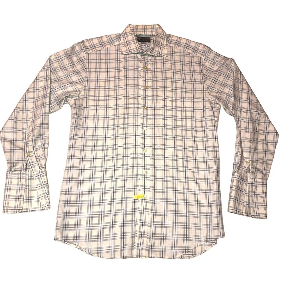 Hickey Freeman French Cuff Dress Shirt Sz L Button Front White Blue Italy